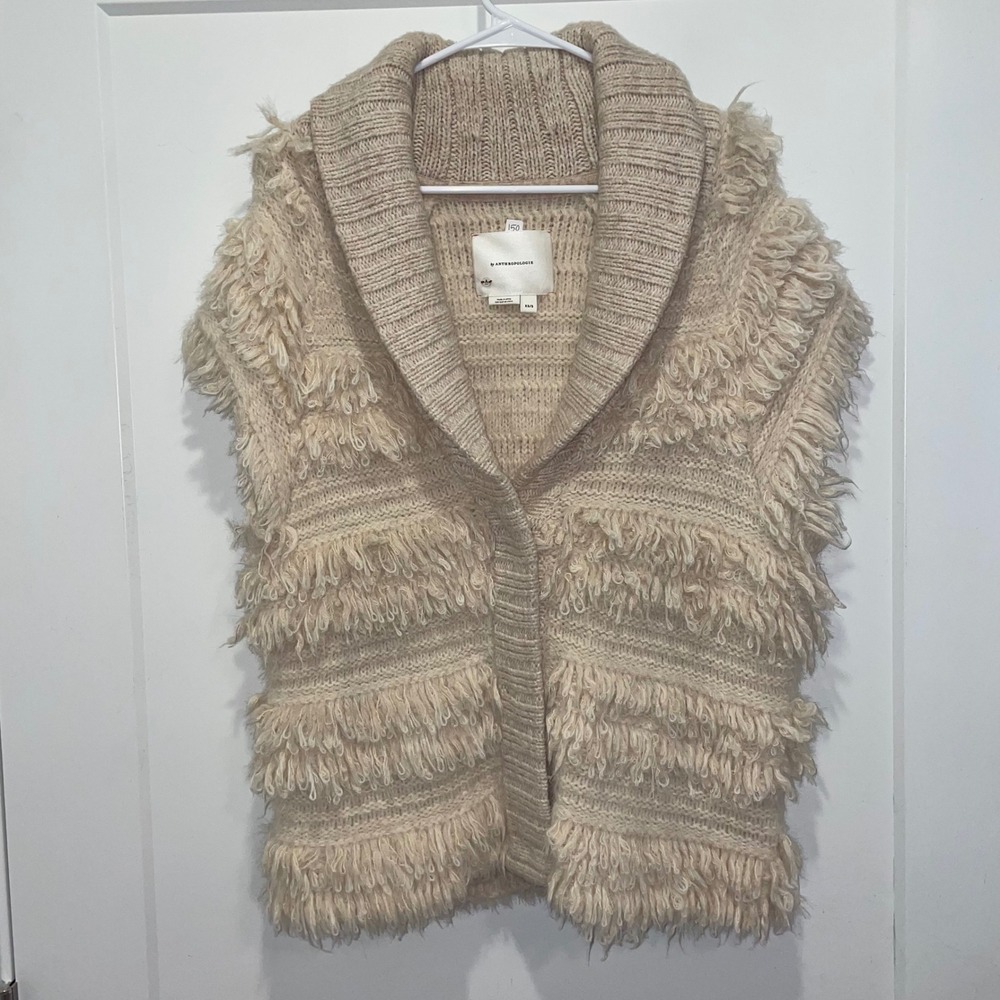 Anthropologie Shaggy Knit Cardigan Vest Shawl Collar Wool Blend Beige XS/S